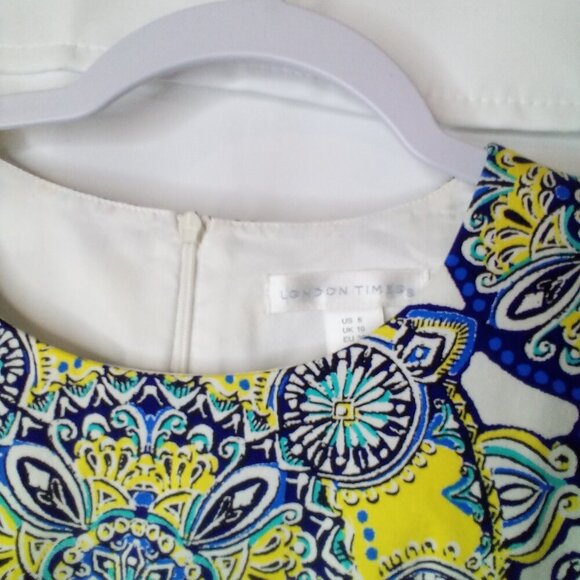 London Times Dress Women 6 Sleeveless Pattern Back Zip Yellow Blue - Picture 8 of 12